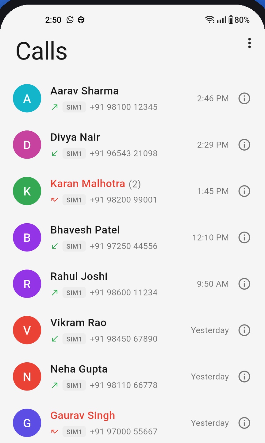 Speedo Dialer call log grouped by person and day