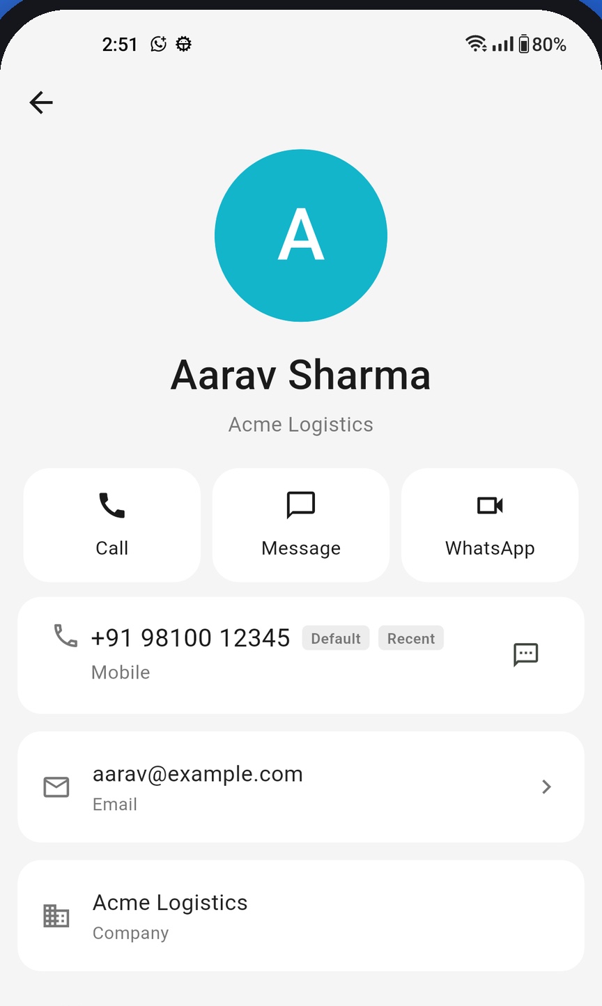 Contact screen with call, message and WhatsApp buttons