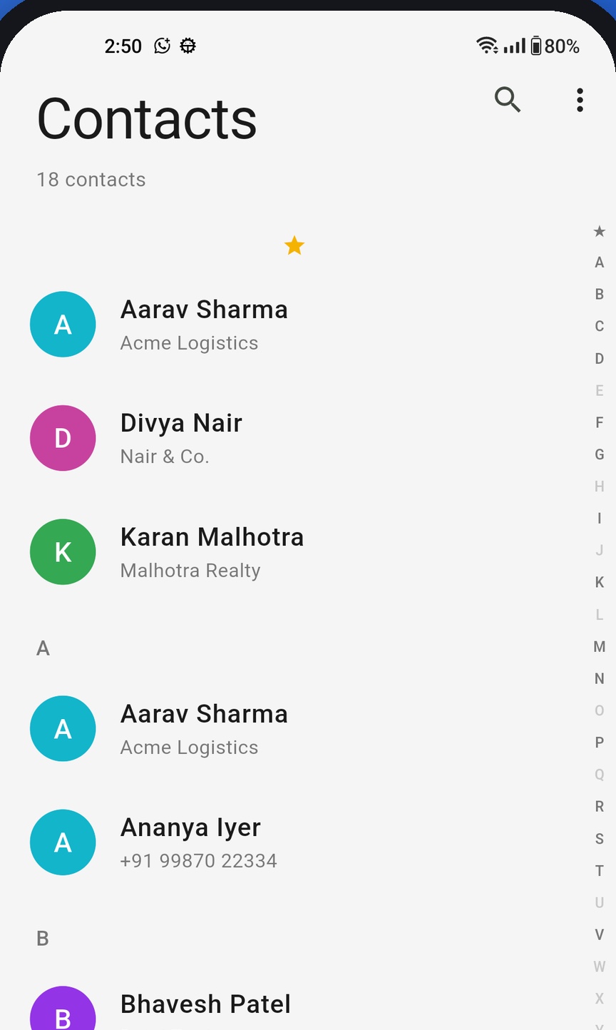 Speedo Dialer contacts with favourites and an A to Z index