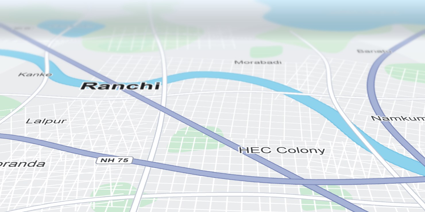 SUV on a highway in a city map of Ranchi, with a GPS location pin dropping onto it