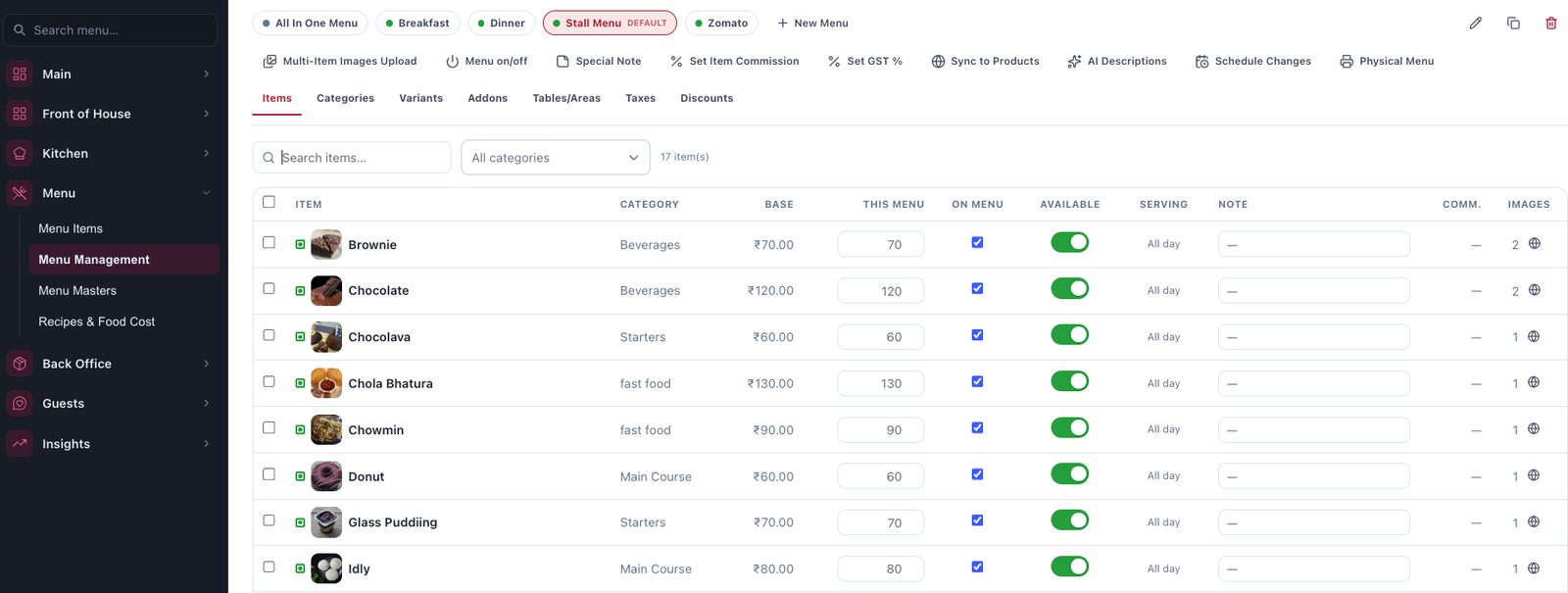 Menu management with menu profiles, per-menu prices and availability