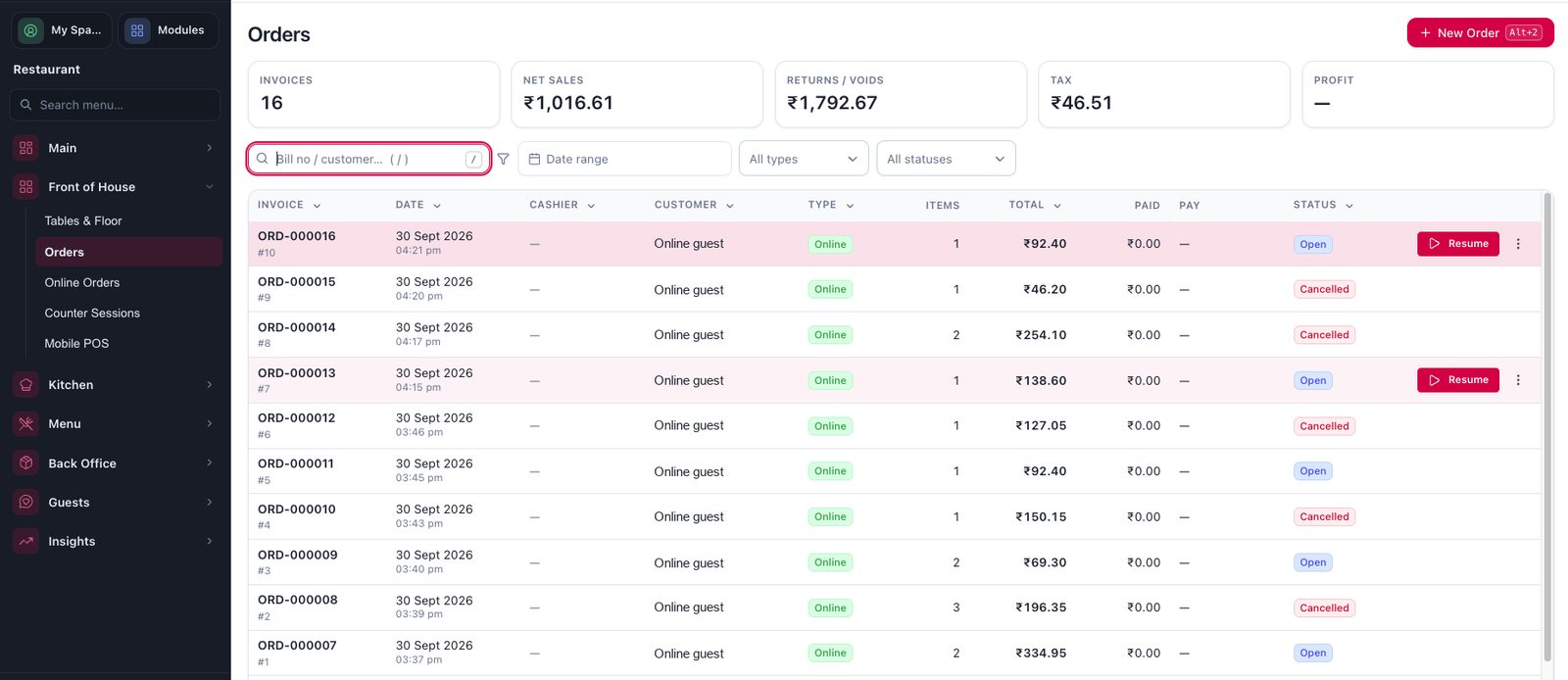 Orders list with invoices, net sales, tax and each order's status