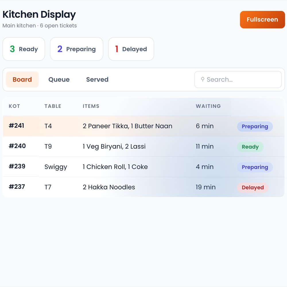 Kitchen display with pending, preparing and ready tickets