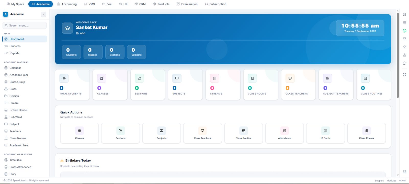 SpeedoOne Academic dashboard with students, classes, sections, quick actions and today's birthdays